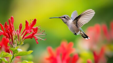 Hummingbird's Nectar Quest: A Delicate Dance Amidst Red Trumpet Flowers