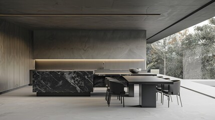 A modern and stylish dining area seamlessly integrated with a minimalist kitchen design, showcasing a contemporary aesthetic. This scene is a 3D rendering that highlights the clean lines and simple 