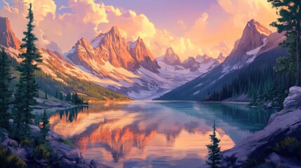 Fototapeta premium Majestic mountain range reflecting in crystal clear lake at sunset hour