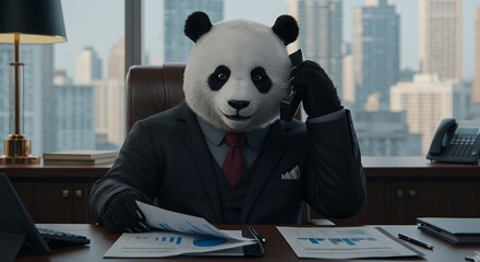 An anthropomorphic panda in an executive office, wearing a black suit and red tie, making a phone call while looking at financial reports. High-end modern interior with a cityscape view outside.