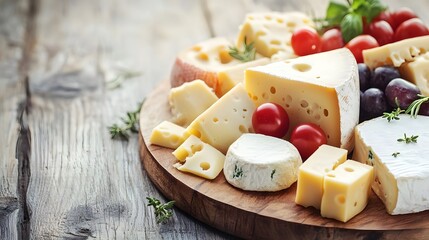 A delectable cheese board featuring an assortment of cheeses, including cheddar, brie, and swiss, complemented by ripe cherry tomatoes and fresh herbs.