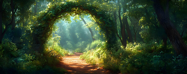 Forest path arch, sunlight, magic