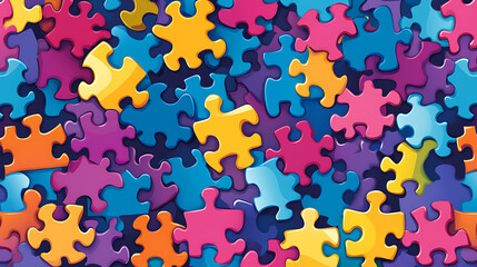 A seamless pattern of autism puzzle pieces in bright, cheerful colors 