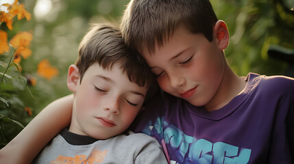 A supportive sibling comforting their autistic brother, showing empathy and love 