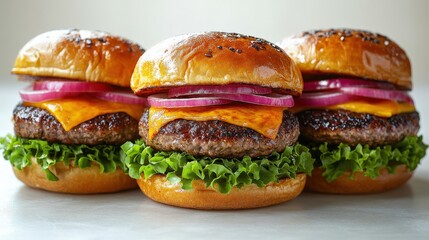 Three delicious cheeseburgers with fresh lettuce, onions, and melted cheese on a light background