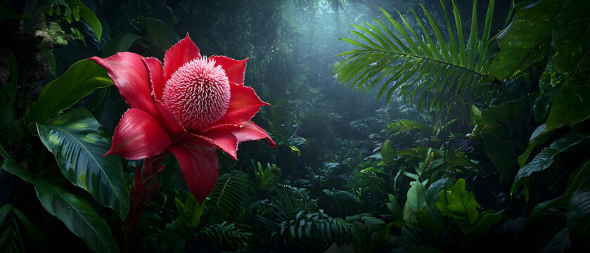 Vibrant Red Torch Ginger Flower in a Lush Dark Green Tropical Rainforest at Night with Sunbeam