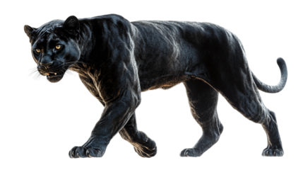 Black panther walking towards isolated on white cutout.