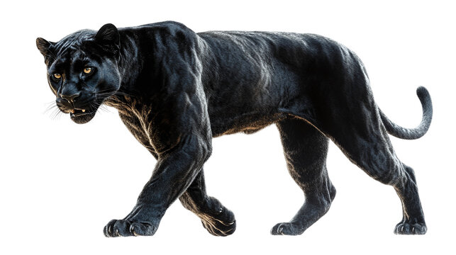 Black panther walking towards isolated on white cutout.