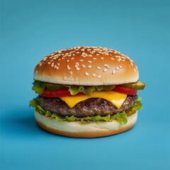Juicy cheeseburger with lettuce and tomato on sesame bun against blue background
