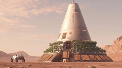 Central Martian City Design Featuring Water Structure and Vehicle