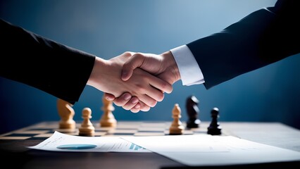 Business negotiation handshake after chess game office photo indoor close-up strategy