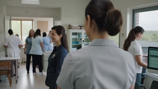 Professional Healthcare Setting with Focused Female Nurse Observing Colleagues in a Busy Hospital Corridor