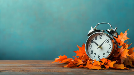 Vintage Alarm Clock Nestled In Vibrant Autumn Maple Leaves On Rustic Wooden Table Against Teal Backdrop
