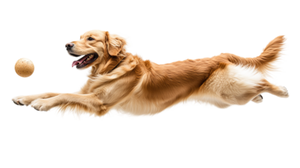 Golden retriever dog jumping happily and playing with ball, isolated on transparent background.