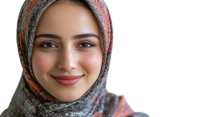 Portrait of a smiling young arab woman wearing headscarf, isolated on transparent background.