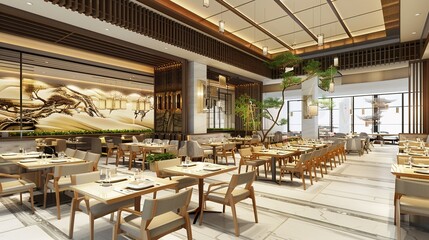 A modern and stylish dining area seamlessly integrated with a minimalist kitchen design, showcasing a contemporary aesthetic. This scene is a 3D rendering that highlights the clean lines and simple 