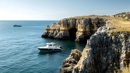 Fototapeta premium Scenic Coastal Landscape With A White And Blue Boat Anchored Near A Rocky Cliff With A Cave In The Turquoise Blue Sea