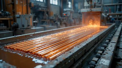 Copper metallurgical plant. Electro-refining electrolysis workshop. Copper cathode plates in sulfuric acid bath. Background is blurred.
