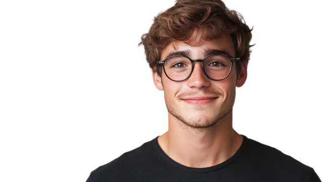 Portrait of a smiling young handsome man with glasses, isolated on transparent background.
