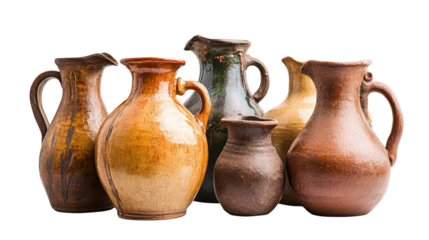 Set of antique ceramic clay jugs for drinking wine, water or milk, isolated on transparent background.