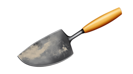 "A cement trowel with ergonomic handle, isolated on transparent background, essential for spreading and smoothing cement."
