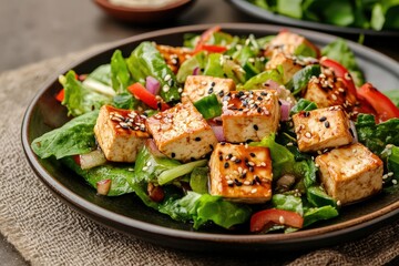 Colorful Delicious Salad with Tofu Sesame Seeds and Greens