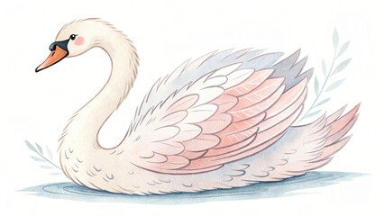 Fototapeta premium Elegant Watercolor Painting of a Graceful Swan on Water with Delicate Floral Accents