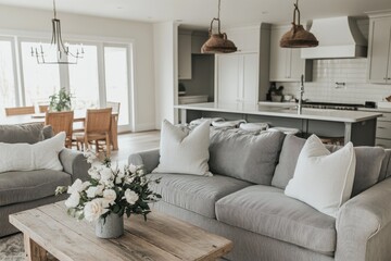 Bright airy living room with grey sofa, wooden coffee table, white flowers, and kitchen view.