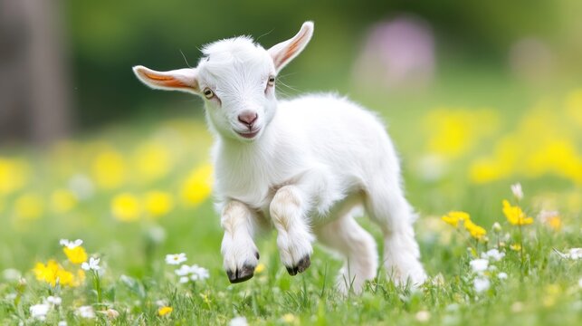 Playful white goat kid leaps in meadow
