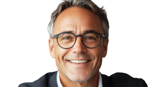 Smiling happy man wearing glasses, isolated on transparent background.