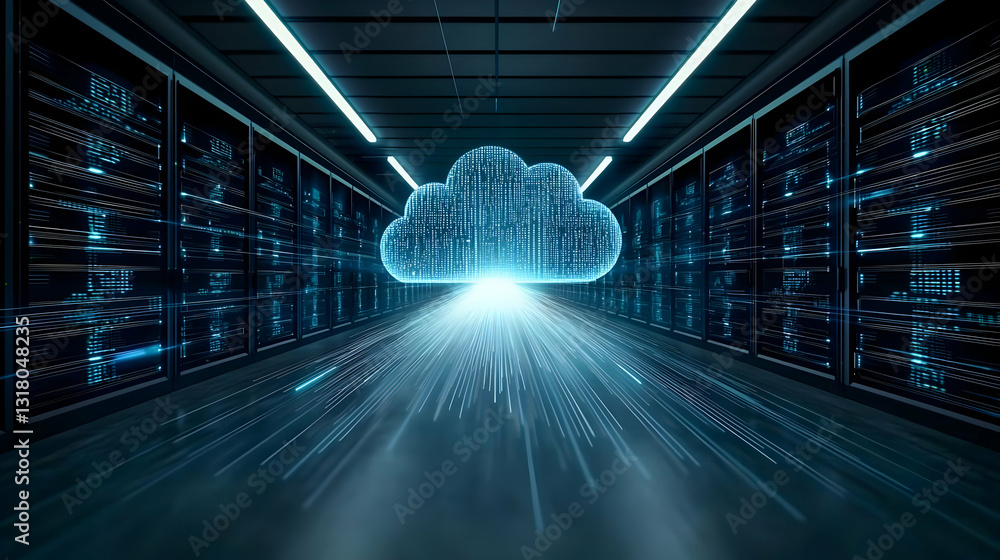 Poster illuminated cloud symbol in data center corridor representing digital network technology