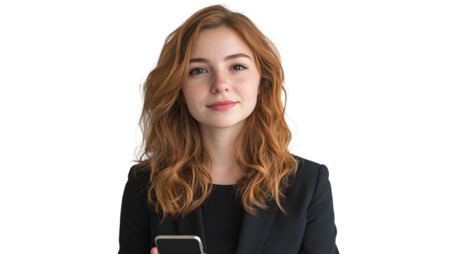 Young businesswoman with smartphone, isolated on transparent background.
