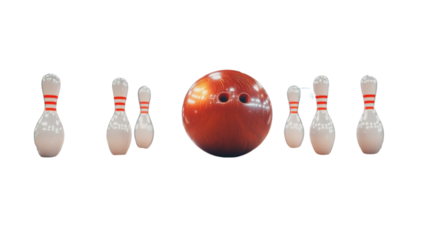 A bowling ball perfectly aimed at the pins, striking them with precision, cut out and isolated on a transparent background, with a few pins tipping over.