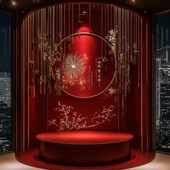 a beautifully decorated stage with red curtains and golden decorations.