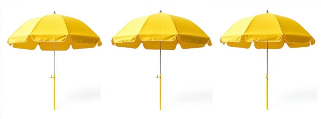 Obraz premium Three Bright Yellow Beach Umbrellas on White Background