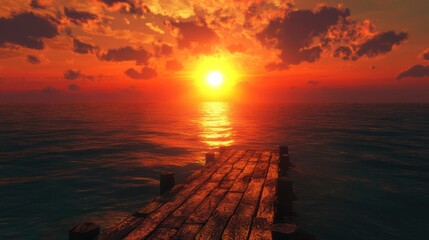 Sunset over ocean, pier, tranquil scene, peaceful evening, travel