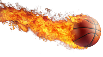 A burning basketball ball with flames wrapping around it, flying through the air, isolated on transparent background, emphasizing heat and motion