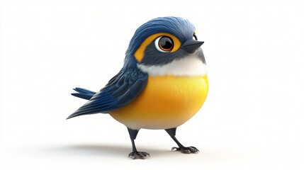Obraz premium Adorable Cartoon Bird Blue and Yellow Plumage 3D Render White Background Cute Avian Character