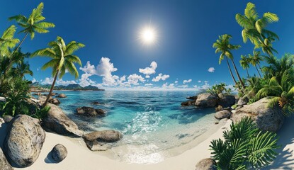 Vibrant Tropical Beach Cove Palm Trees, Turquoise Water, and White Sand under Bright Sun
