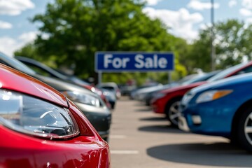 Cars for Sale on a Used Car Lot with a Sign in the Background on a Sunny Day