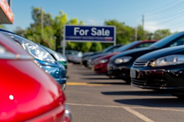 Cars lined up for sale in car yard, bokeh effect, summer, car purchase use