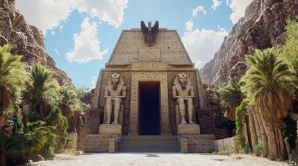 Obraz premium Ancient Egyptian Temple Gateway Desert Oasis Hieroglyphs Pharaoh Statues Stone Archi