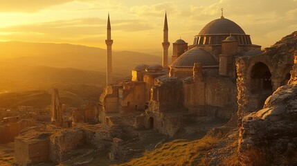Ancient Mosque Ruins at Sunset in Turkey