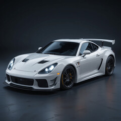 Fototapeta premium Sleek White Sports Car with Racing Spoiler on Dark Background