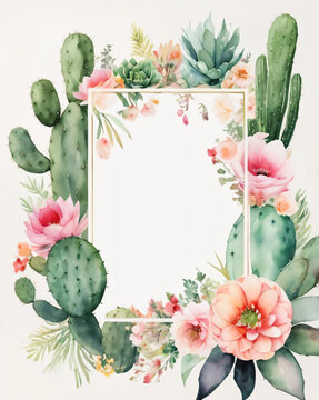 A blank cactus wedding invitation adorned with a watercolor floral frame