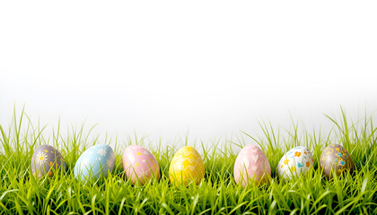 Fototapeta premium Eggs Easter day on the soft grass and white background with copy space