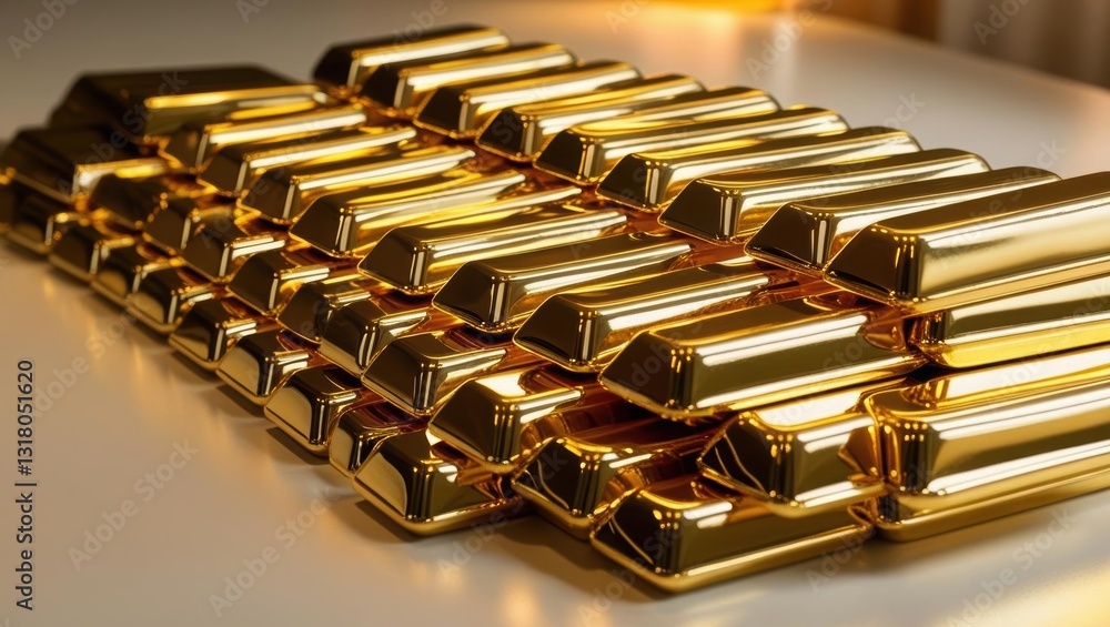 Poster luxurious stack of gleaming gold bars reflecting ambient light in ultra high resolution macro photog