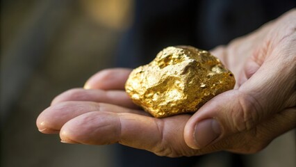 Elegant hand holding a polished gold nugget with luxurious texture and captivating shine