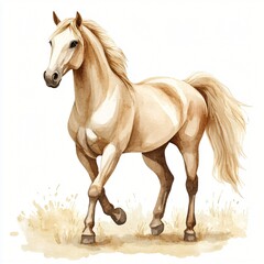 Obraz premium Elegant Palomino Horse Watercolor Painting Galloping in Field Equestrian Art