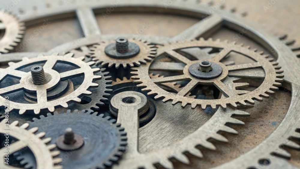 Poster detailed abstract clock mechanism illustrating the inner workings of timekeeping devices and gears